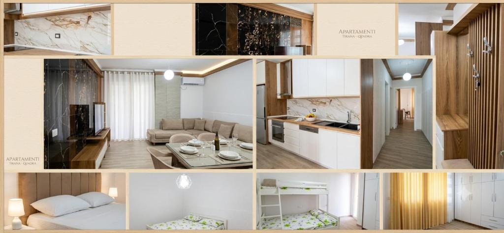 a collage of photos of a kitchen and a living room at Rafaelo Apartament in Lezhë