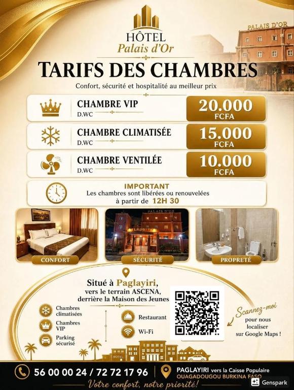 a flyer for a hotel properties des chieneters restaurant at Hotel Palais D'OR in Ouagadougou