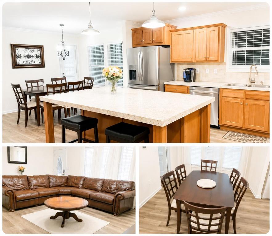 a kitchen and living room with a table and a couch at Beautiful, Cozy home in Concord in Concord