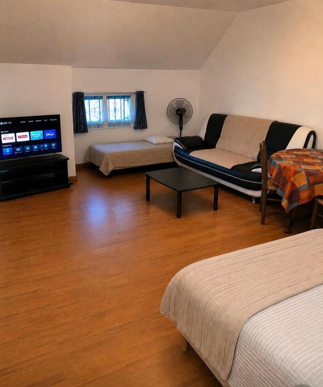 a living room with a couch and a flat screen tv at L'Ephémère in Paroy-sur-Tholon