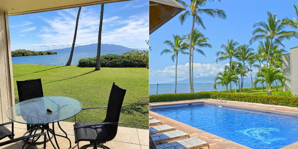 a house with a pool and a table and chairs at Wavecrest - 4BR Condos - Sleeps 12 in Kaunakakai