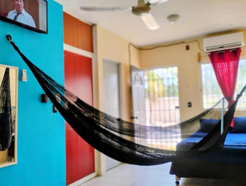 a hammock hanging from a wall in a room at Linda Vista Garden Cancun, Privado con AC y WiFi Cerca de Transporte a Zona Hotelera in Cancún