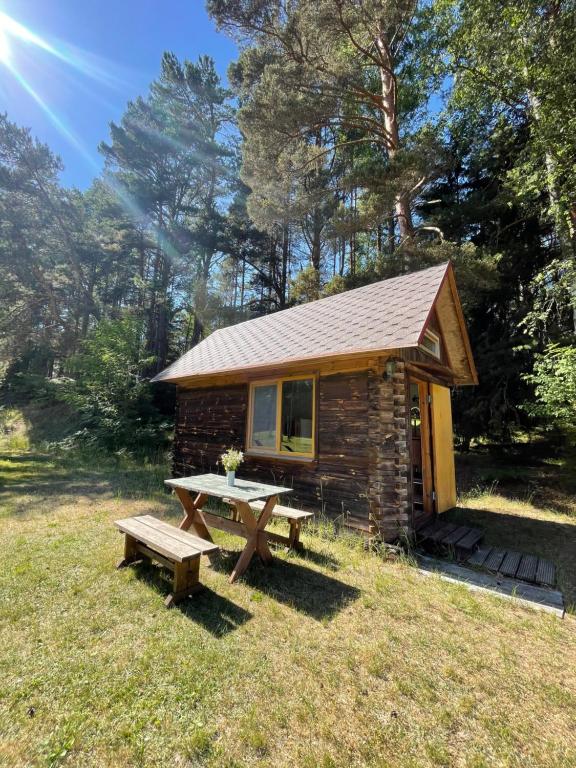 a log cabin with a picnic table and a bench at Vaide kempings in Vaide