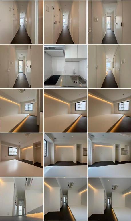 a collage of photos of a kitchen with a island at MARUKOUHOTEL 入船 inn in Tokyo