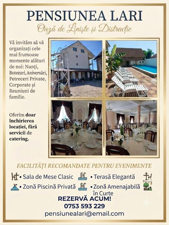 a flyer for a restaurant with a picture of a building at Pensiunea Lari in Baile Unu Mai