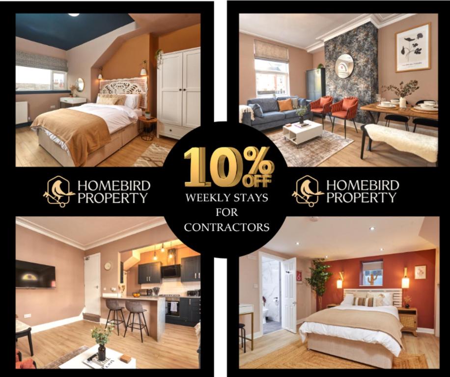 a collage of four pictures of a hotel room at Beautiful 3BDR House By Homebird Property Management Short Lets & Serviced Accommodation Leeds With Free Parking & Free WiFi in Leeds