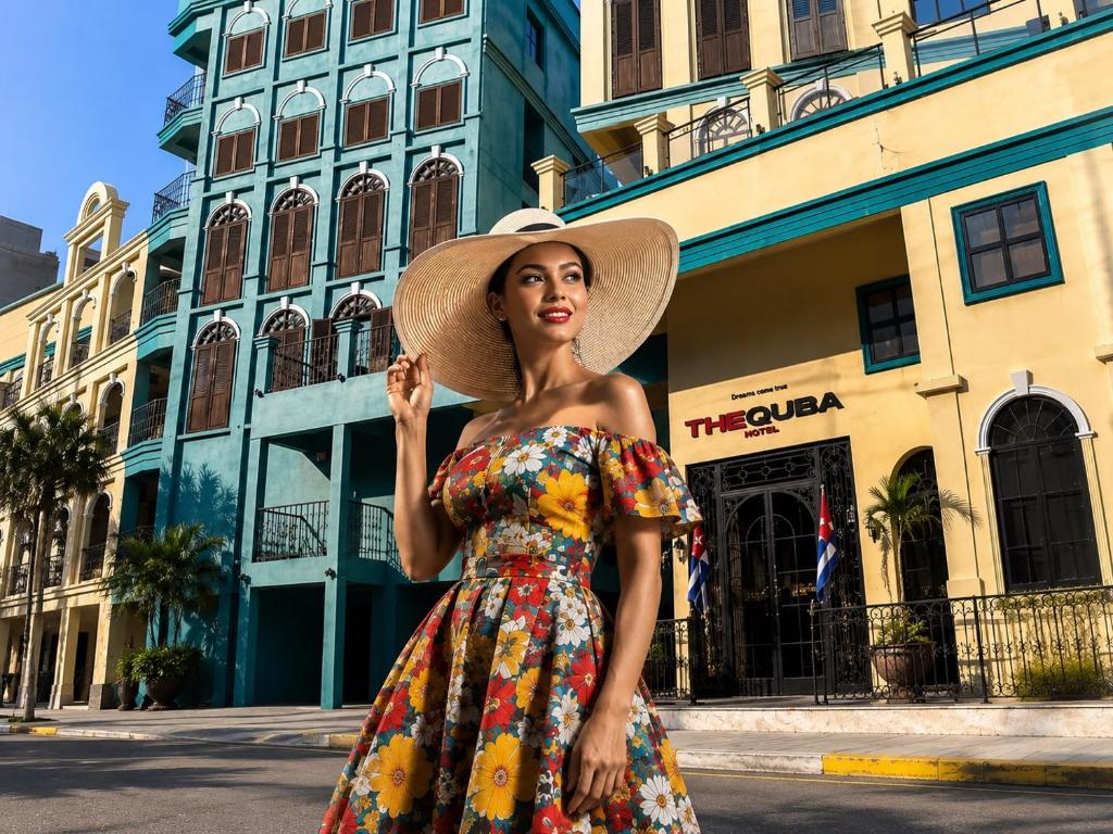 a woman in a dress and a hat on a street at Quba by Montraj Pattaya, previously The Quba Hotel Pattaya in Pattaya