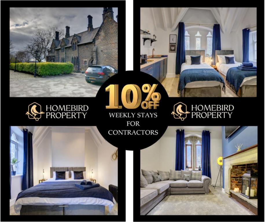 a collage of four pictures of a house at Large 6BDR House By Homebird Property Management Short Lets & Serviced Accommodation Leeds With Secured Parking & Garden Area in Leeds