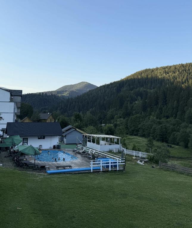 a large swimming pool in a field next to a building at D&T Hotel in Ilʼtsya Dolishna