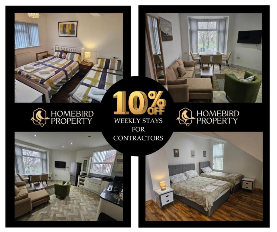 a collage of four pictures of a house at Spacious 3-Bedroom House Near Leeds City Centre By Homebird Property Management Short Lets & Serviced Accommodation Leeds With En-Suite Bathrooms & Free Parking in Leeds