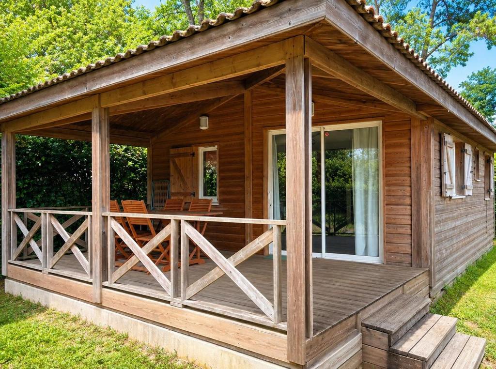 a large wooden cabin with a large deck at Chalet privilège Parc de la Chesnaie in Autruy-sur-Juine
