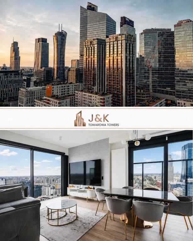 a dining room with a view of a city at J&K Towarowa Towers in Warsaw