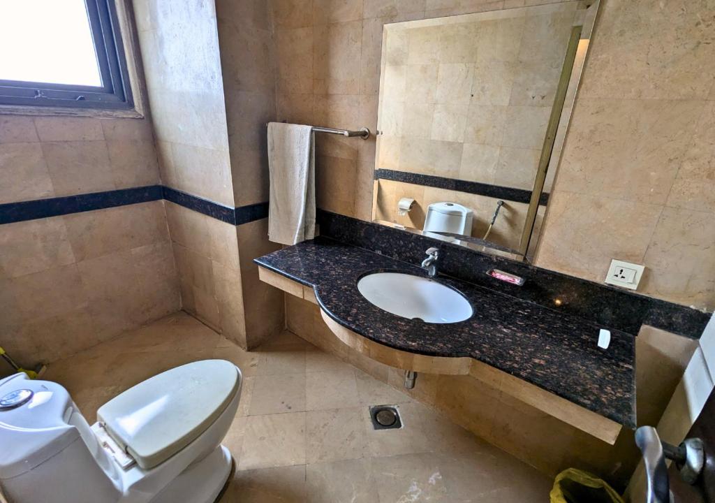 a bathroom with a toilet and a sink and a mirror at Hotel New Panorama in Lahore