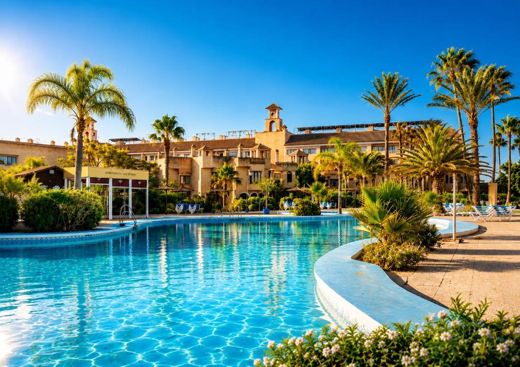 a swimming pool at a resort with palm trees at Hotel Bahia Sur in San Fernando