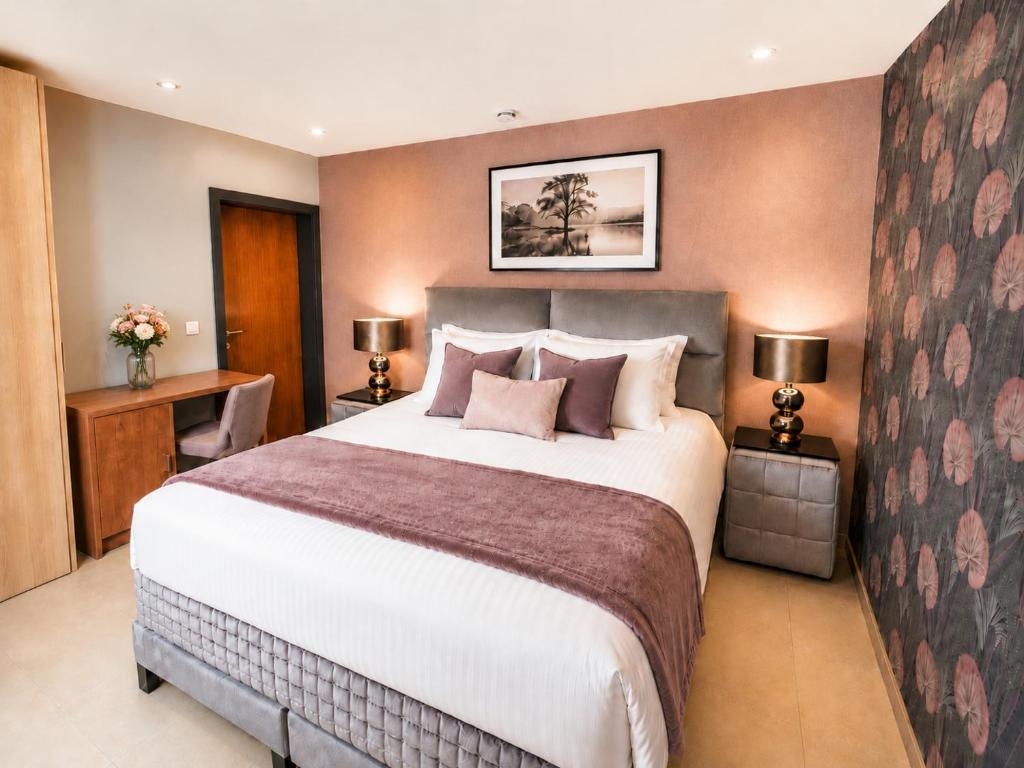 a bedroom with a large bed and two lamps at Wilgenhof Boutique Hotel "volledig vernieuwd en onder nieuw beheer" in Maaseik