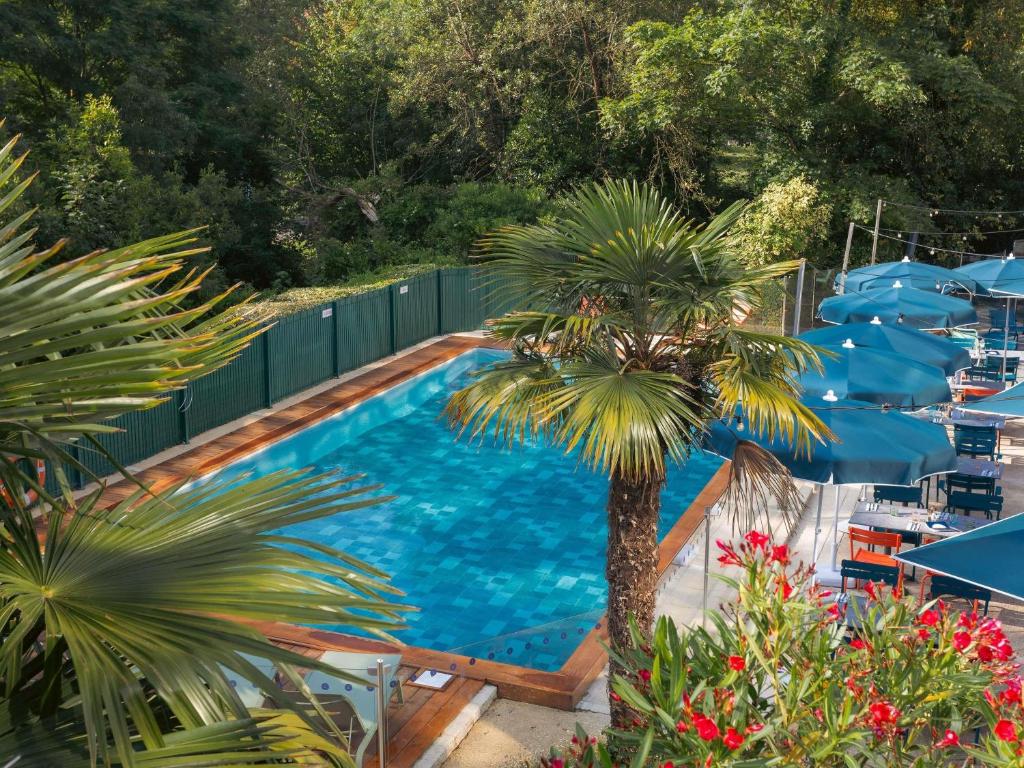 a swimming pool with a palm tree and umbrellas at Novotel La Rochelle Centre in La Rochelle