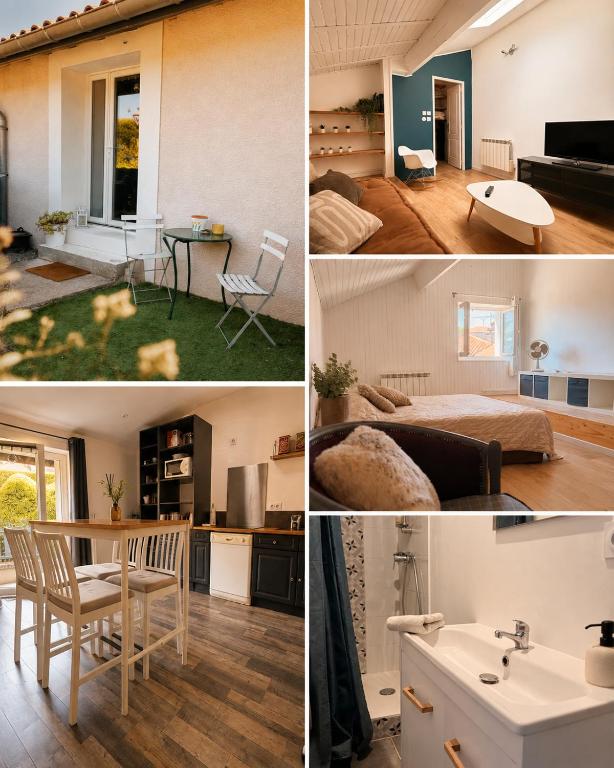 a collage of photos of a living room and a bedroom at Petite maison dans le beaujolais in Les Olmes