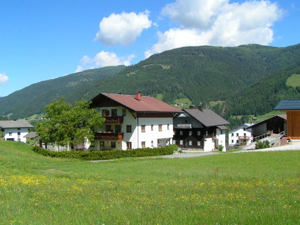 um grupo de casas num campo com montanhas ao fundo em Bauernhof Ober em Birnbaum