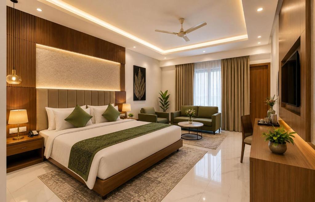 a bedroom with a large bed and a living room at Airport Hotel Vella VILLA By Corporate Group Delhi IGI Airport Terminal 3 With Free Airport Pickup in New Delhi