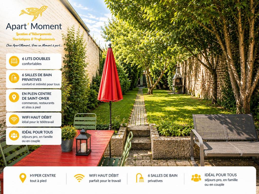 a patio with a red umbrella and a table at Le Repaire des 12- Hypercentre, jardin, idéal groupe, 5 chambres 5 salles de bain in Saint-Omer