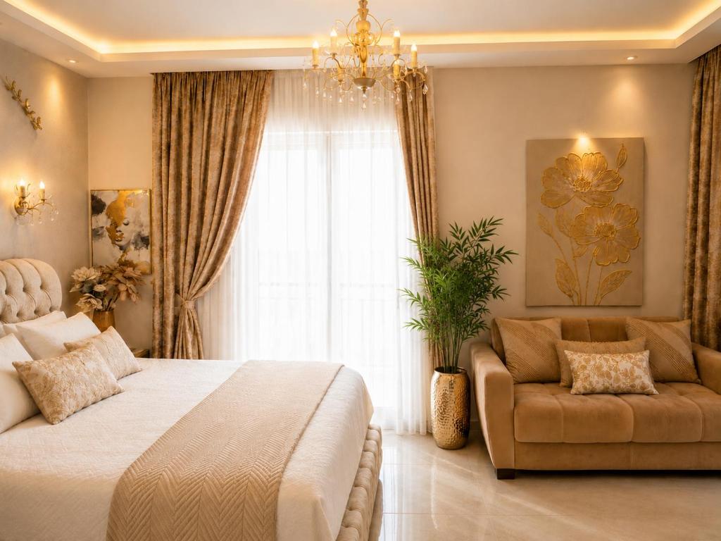 a bedroom with a bed and a couch and a window at GOLDENSPACE by Evagelias Homes Volos in Volos