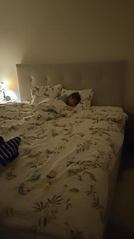 a child laying on top of a bed at Plutogatan PentHouse 