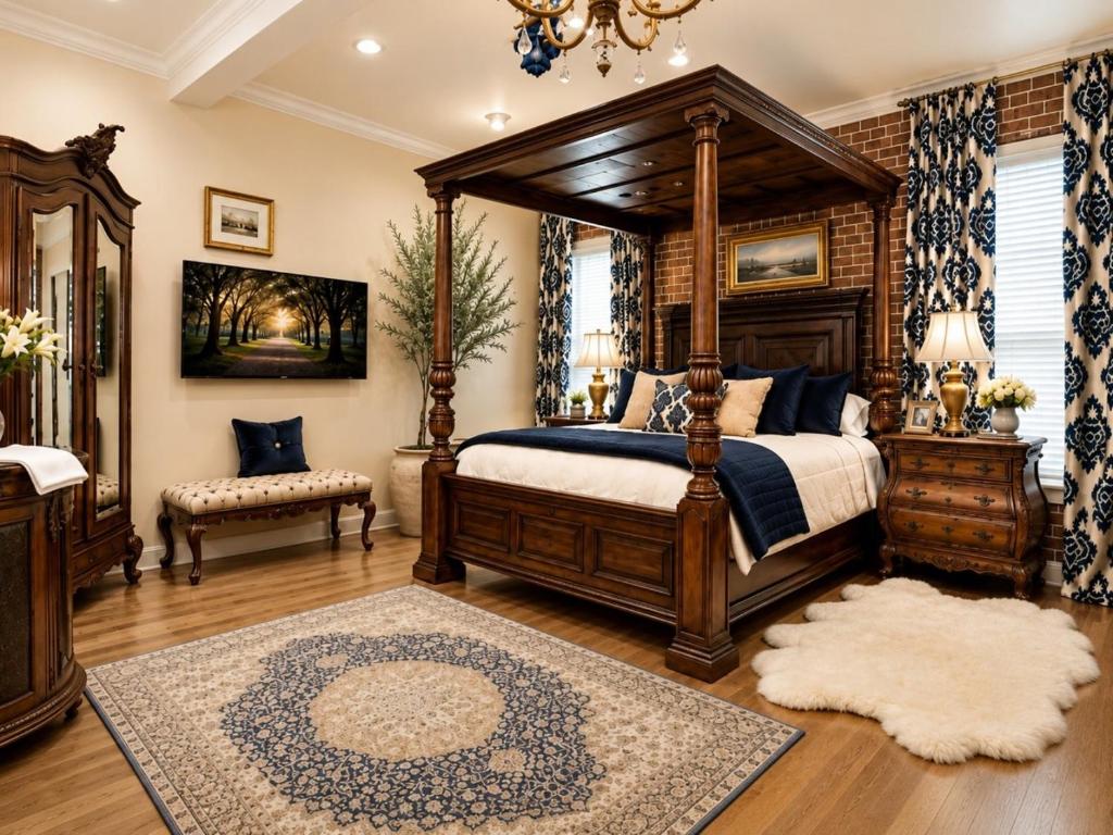 a bedroom with a canopy bed and a rug at Historic Mansion-King Suite-The Royal Crown in Fort Smith