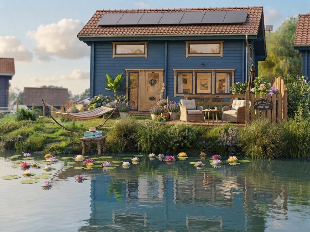 a house with a lot of lilies in the water at Cottage relaxant au bord de l'eau in Bourbourg