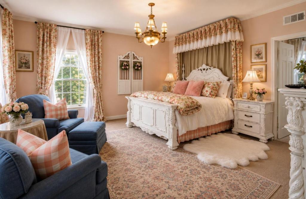 a bedroom with a white bed and a blue couch at Historic Mansion-Blushing Rose in Fort Smith