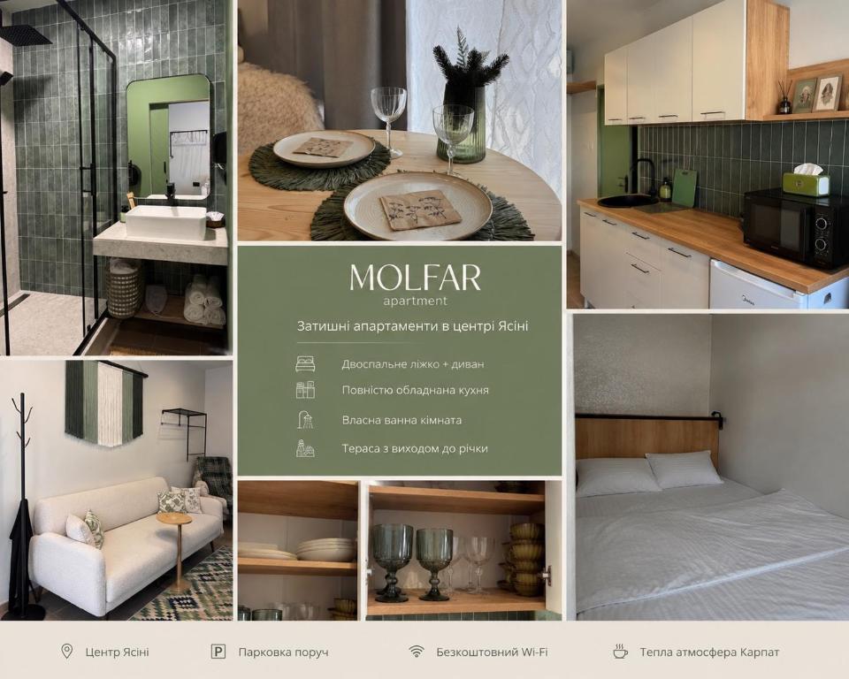 a collage of pictures of a kitchen and a room at Molfar green 