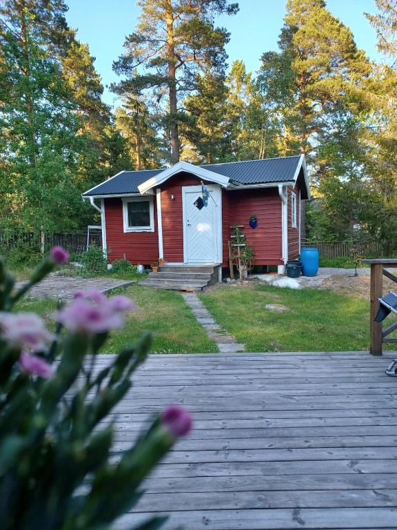 a red cabin with a white door in a yard at Cozy cottage on Värmdö in Djurhamn