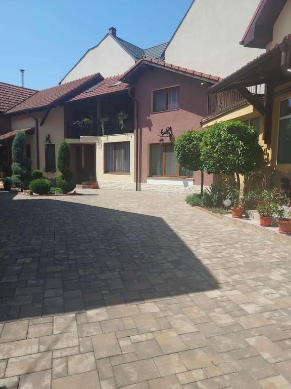 a house with a brick driveway in front of a building at The Cozy Backyard Home- satu Mare in Satu Mare