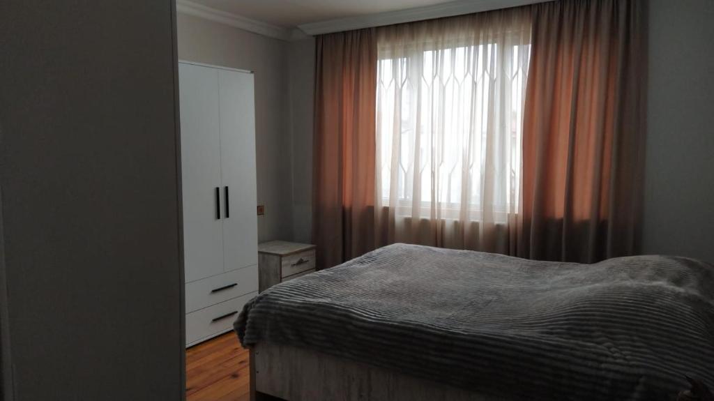 a bedroom with a bed and a dresser and a window at Anas apartments in Zugdidi