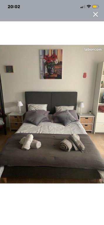 a bedroom with a large bed with two pairs of underwearomaly at Studio Oustaou à Château Gombert in Marseille