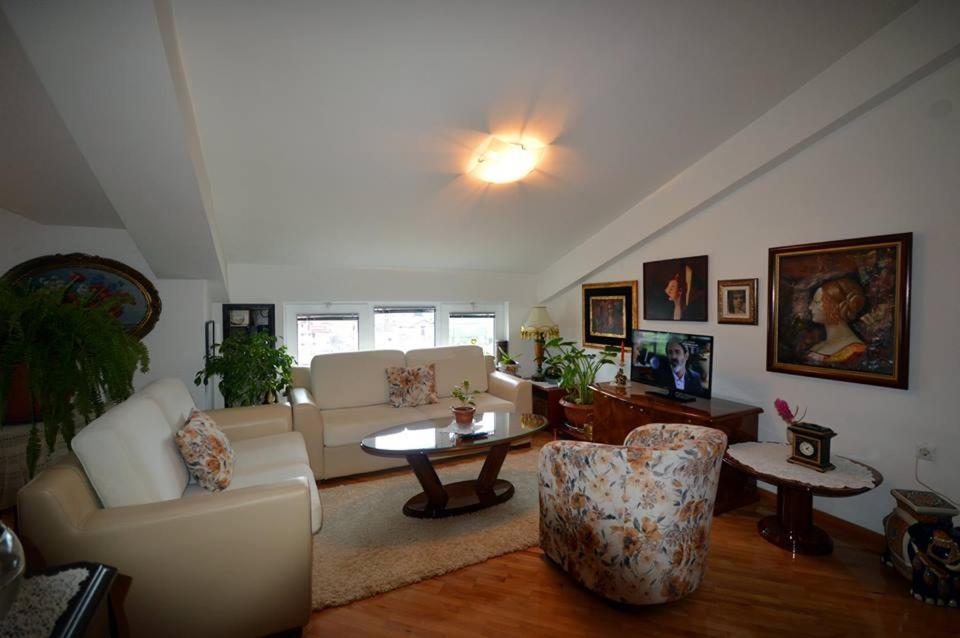 a living room with a couch and a table and chairs at T&A Apartments in Ohrid