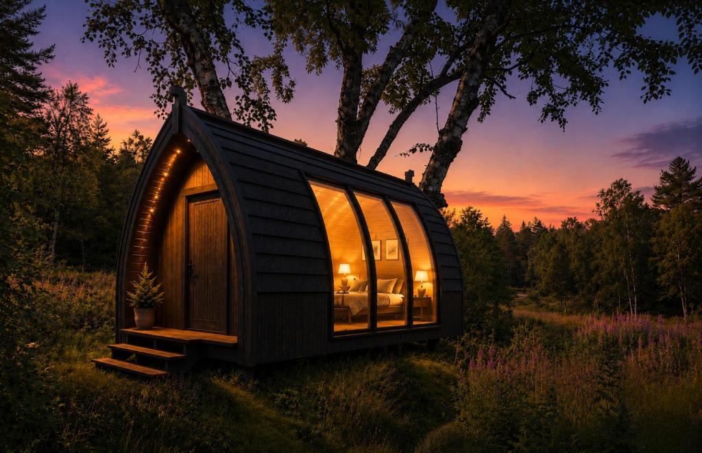 a tiny house in a field at sunset at The Perfect Stop - Viking Haven in Lødingen