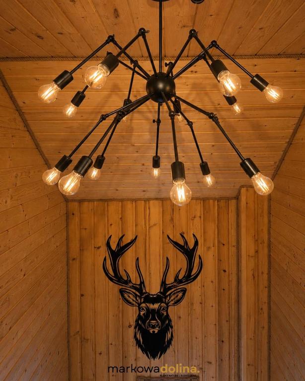a chandelier with a deer head on a wall at Apartamenty Markowa Dolina in Rymanów