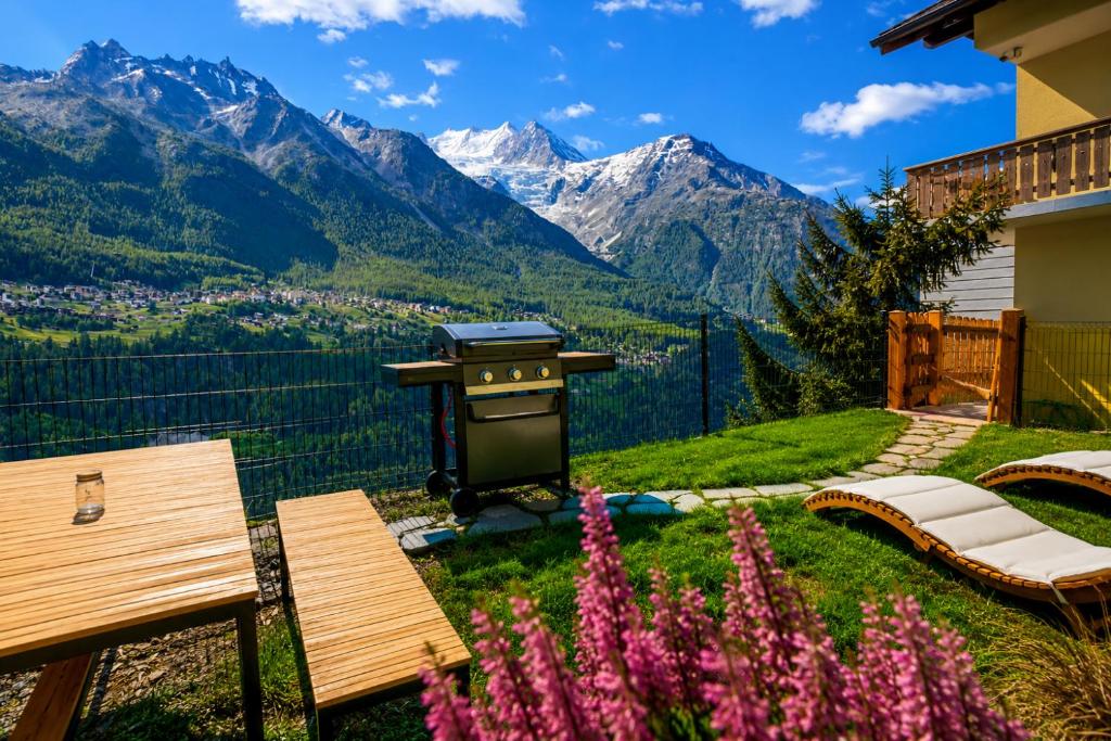 a garden with a grill and mountains in the background at Mattertal Lodge in Embd