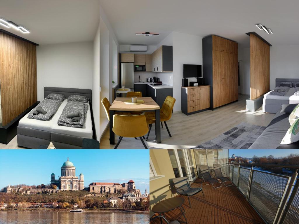 a kitchen and a living room with a view of a city at Eternity Apartment in Štúrovo