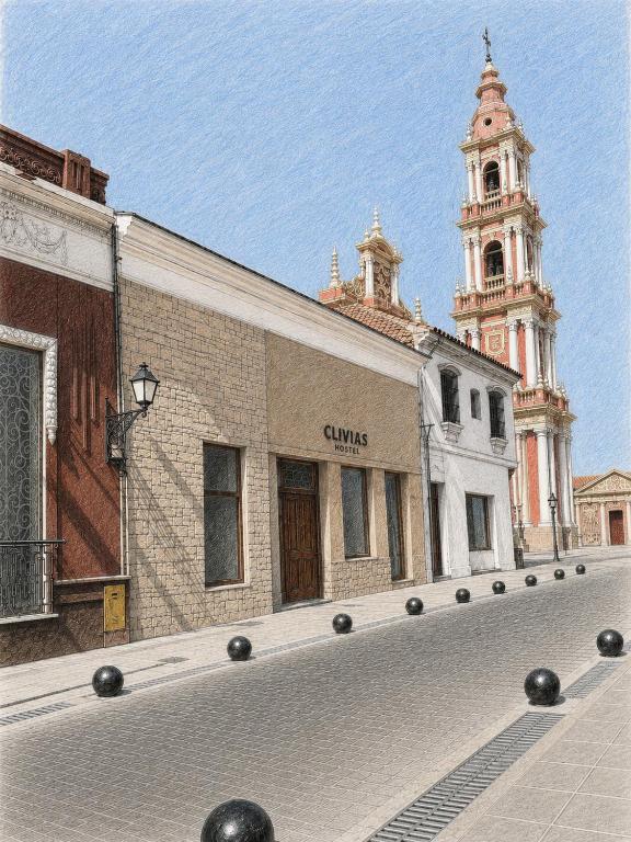 a drawing of a building with a clock tower at Clivias Hostel in Salta