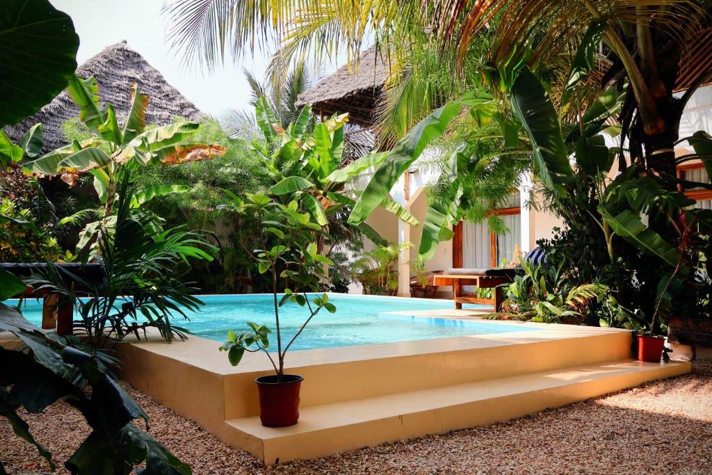 a swimming pool in the middle of a garden at Jaje Paje Villa in Paje