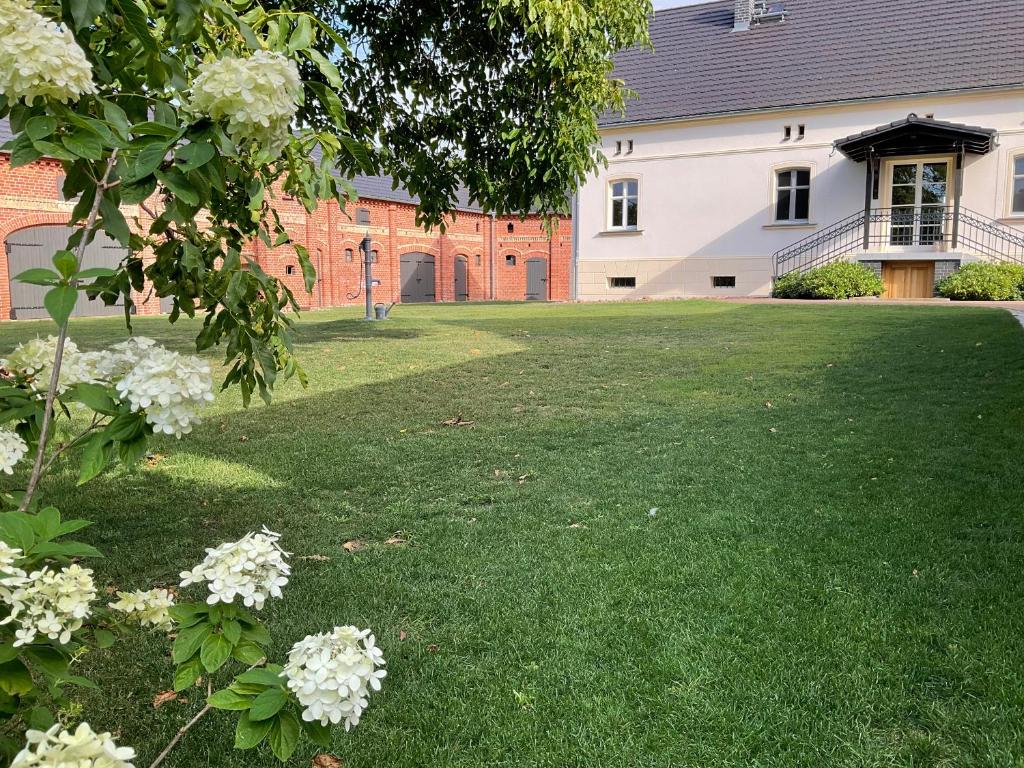 a yard with white flowers in front of a building at Spreewaldhof am Wasser in Raddusch