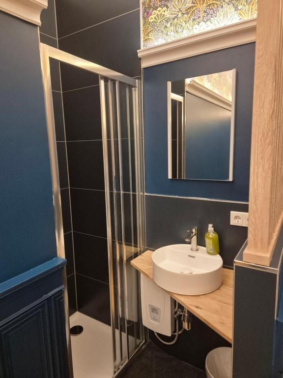 a bathroom with a sink and a mirror at Small Modern Rooms in Luxembourg