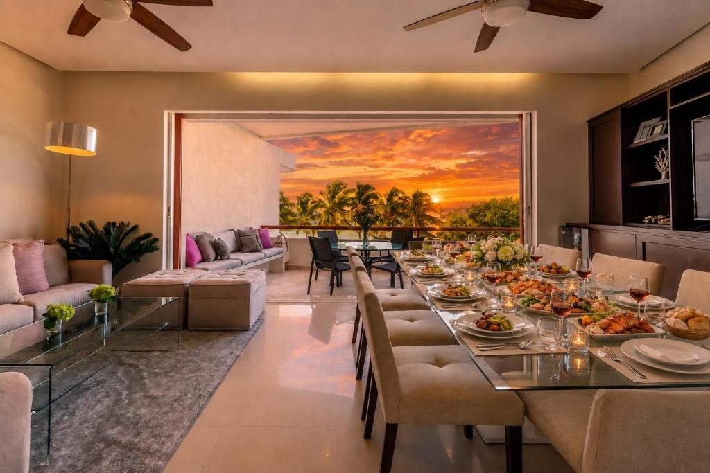 a dining room with a long table with food on it at Sunset Condo 104 Puerta al Mar Isla Mujeres Mexico in Isla Mujeres