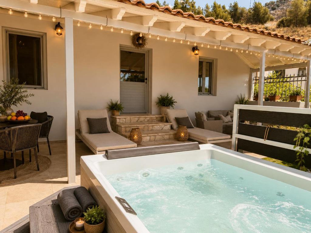 a hot tub on the patio of a house at Blue Topaz cottage Mini pool Spa in Nafplio