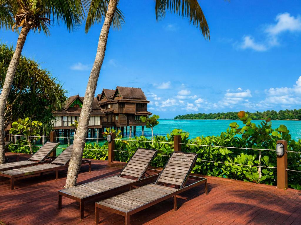 a row of chairs on a deck with a resort at Langkawi Lagoon Floating Resort 03 in Kampung Padang Masirat