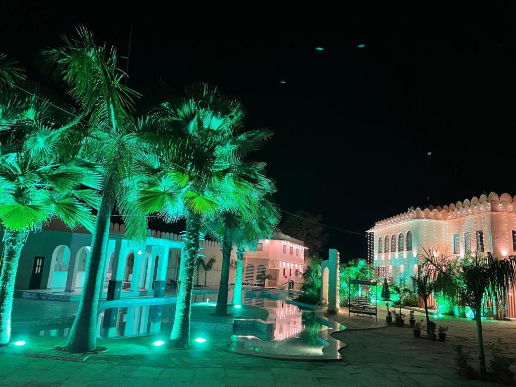 a group of palm trees and buildings at night at RatanGarhi By Richa in Orchha