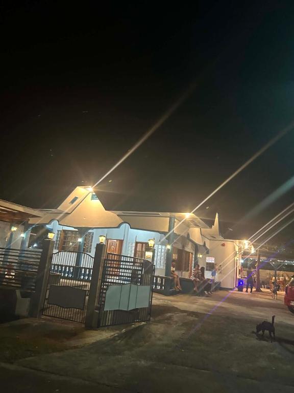 a cat walking in front of a building at night at Camiguin El Rio Dorado in Catarman