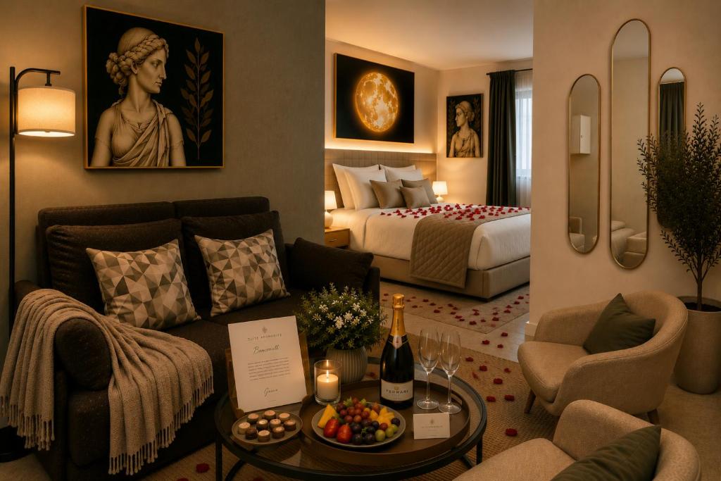 a living room with a couch and a bed at Syraka Design Rooms & Suites in Syracuse