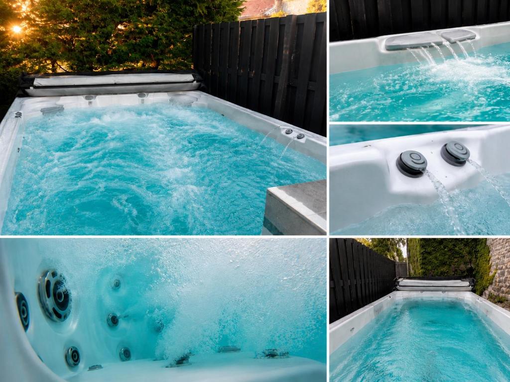 a collage of four pictures of a hot tub at Le Petit Château de Harzé - Spa de nage chauffé toute l'année in Aywaille